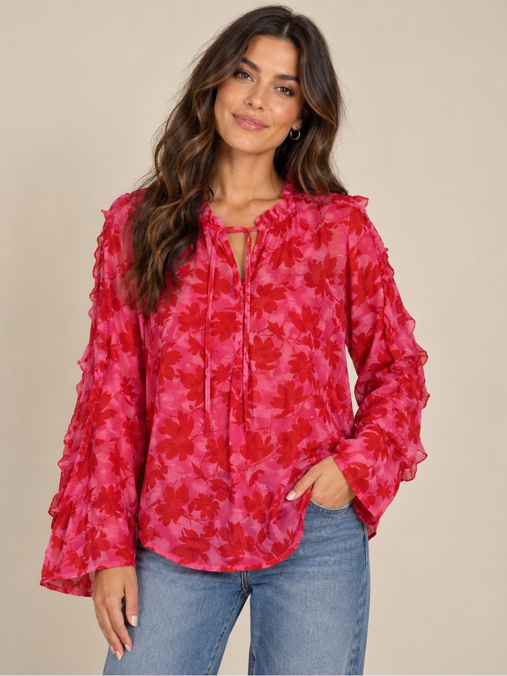 Women's Red-Pink Floral Tie-Neck Blouse - 869